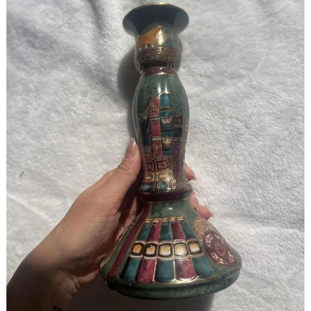 Decorative Porcelain Candlestick Holder Gilt Green Multicolor Asian Motif Enamel